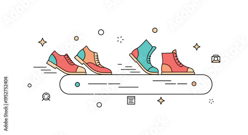 Pairs of shoes of different styles walking on a minimalist curved path with subtle motion lines, suggesting collaboration, shared goals, and diverse