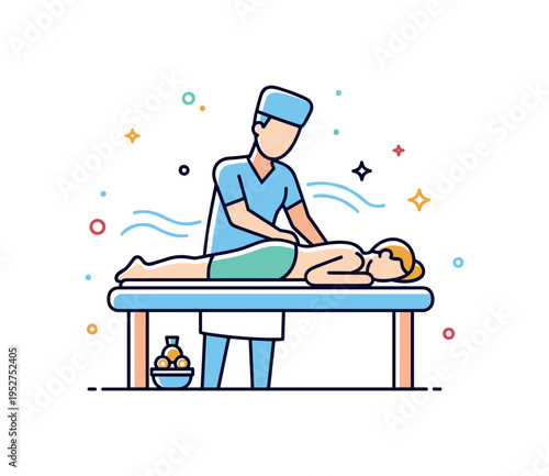 Therapeutic massage session simplified therapist silhouette gently working on a client lying on a massage table, subtle curved lines expressing relaxation and