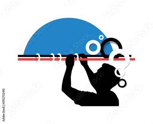 Black and white silhouette fastening curtain ring onto rod, large blue semicircle framing upper action area, thin red horizontal line representing alignment