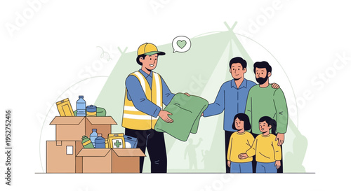 Aid worker gives supplies to refugee family outside tent, humanitarian assistance concept