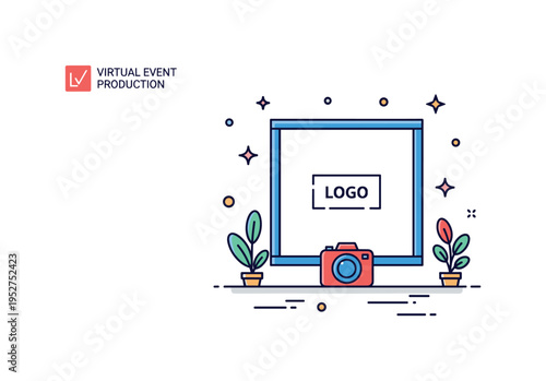 Virtual event production branded livestream setup represented by a simple backdrop frame with a small logo placeholder and camera icon in front. The scene