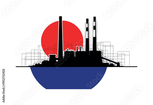 Black and white industrial power plant with tall smoke stacks rising vertically, oversized bold red circle behind the stacks like a dramatic sun, deep cobalt