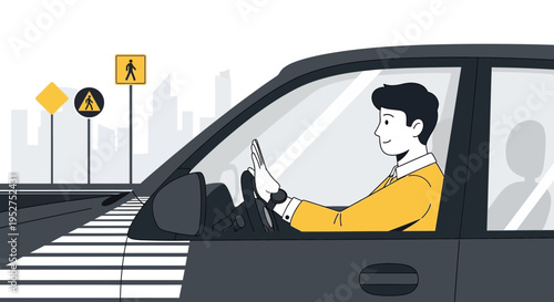 Driver stopping car at pedestrian crossing, traffic signs, city background