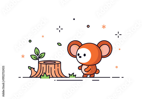 Cheburashki playful forest scene featuring a single round character with oversized ears standing near a stylized tree stump, capturing curiosity and childlike