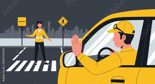 Driver stops for pedestrian at crosswalk, traffic safety concept