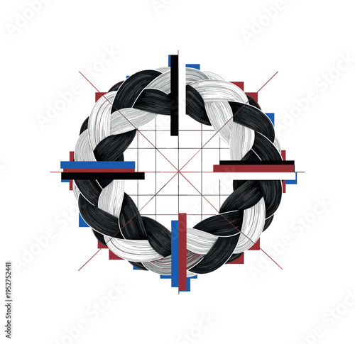 Black and white braid arranged in a circular shape like a wreath, intersected by flat geometric blocks and thin linear grids suggesting pattern and symmetry,