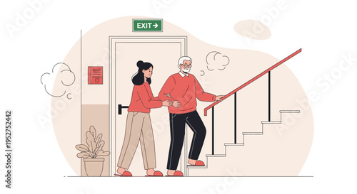 Elderly man with caregiver climbing stairs, assistance, support, home care, exit sign