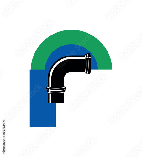 Black and white minimal pipe bracket silhouette centered in large negative space, oversized abstract semicircle behind referencing the pipe curve, bold emerald
