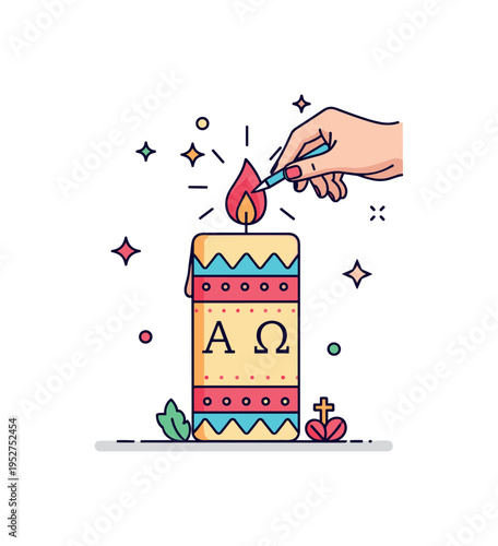 Paschal candle blessing ritual shown through a large decorated candle marked with alpha and omega symbols and subtle sparkle accents around the flame. The