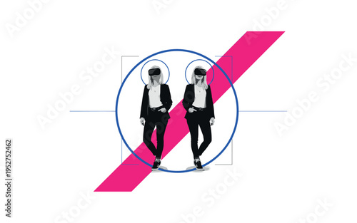 Black and white duo of metaverse influencers posing symmetrically, bold electric blue circular frame behind both figures, hot pink diagonal stripe creating