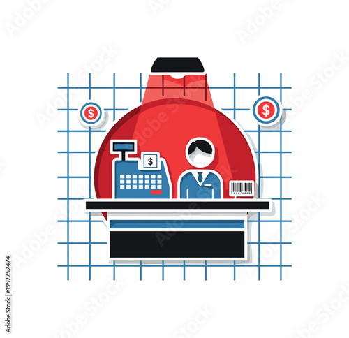 Black and white cashier counter scene simplified into geometric forms, bold red circle positioned like focal spotlight, blue grid lines forming structured
