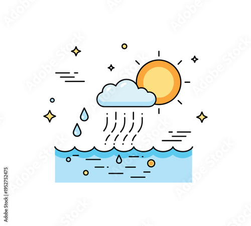 Evaporation process in warm sunlight depicted by a bright sun heating ocean surface with tiny vapor lines floating upward, symbolizing the first stage of cloud