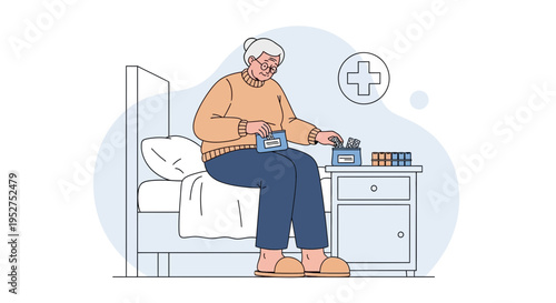 Elderly woman sitting on bed, organizing medication on nightstand, healthcare concept