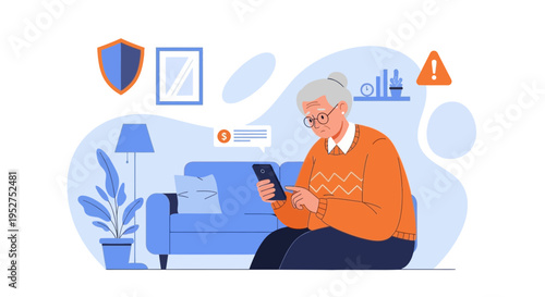 Elderly woman using smartphone at home, receiving alert notification, security concept