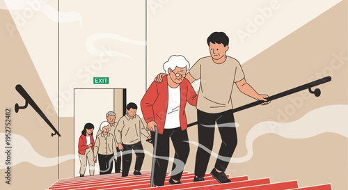 Elderly people with caregiver descending stairs, exit sign visible
