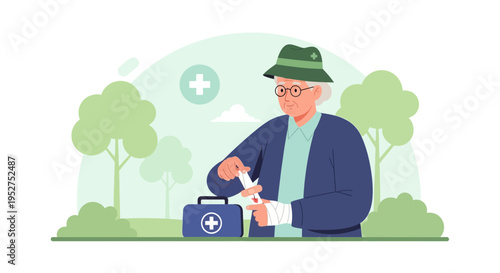 Elderly person with first aid kit bandaging injured arm outdoors