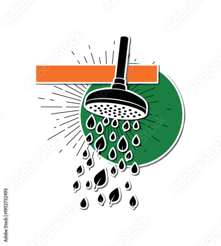 Black and white shower head with water droplets shaped like tiny leaves, vivid forest green circle behind, bold orange horizontal bar balancing top area, thin