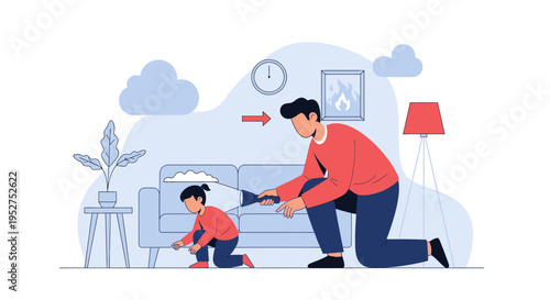 Father and daughter cleaning living room, father dusting sofa, daughter sweeping floor