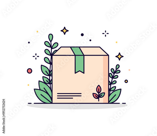 Sustainable packaging design inspiration centered on a simple box icon decorated with minimal botanical elements, conveying eco conscious branding