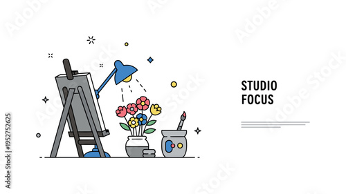 Painter?s workspace with flowers arranged under soft directional light near an easel. A small brush resting nearby and a ?Studio Focus? text detail communicate
