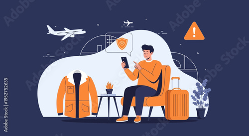 Man with phone in airport lounge, checking flight status, travel safety