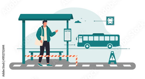 Man waiting at bus stop with bus approaching, public transport, urban commute illustration