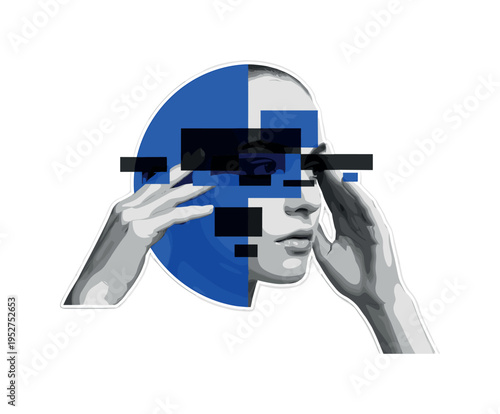 Monochrome side profile of a face with fingers resting on temples, intersected by a large blue semicircle and abstract rectangular blocks symbolizing mental