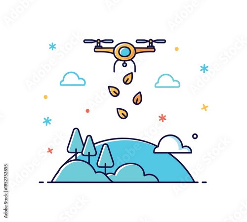 Reforestation support drone releasing small seed icons over a curved landscape silhouette. A hopeful micro scene symbolizing innovation in restoring degraded