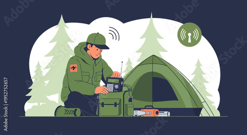 Man with radio in tent, camping, communication, survival, outdoor adventure