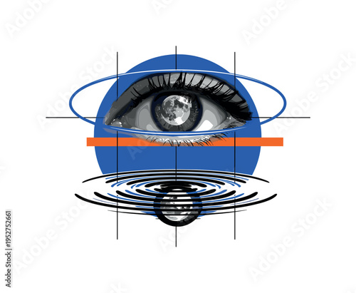 Black and white human eye with the moon reflected in the iris and mirrored beneath as abstract circular ripple, bold blue halo shape and thin black grid lines