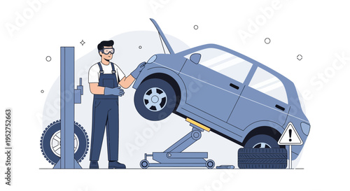 Mechanic repairing car on lift, auto service, vehicle maintenance, workshop illustration