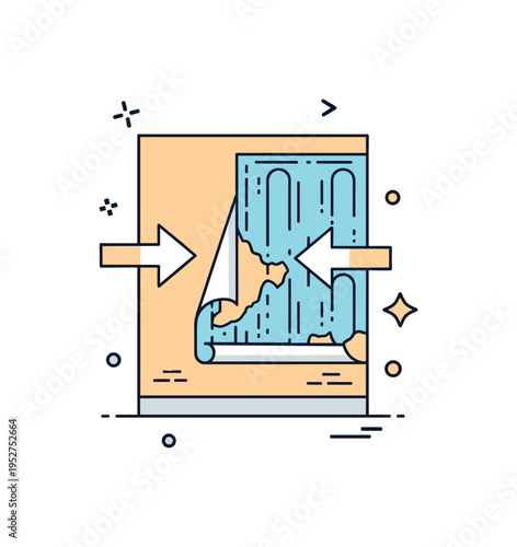 Home renovation preparation featuring a clean wall half cleared of old wallpaper with subtle arrow accents indicating removal direction, symbolizing progress