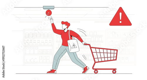 Man with shopping cart reaches for security camera in store, warning sign