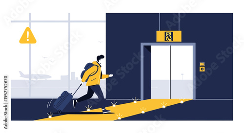 Man with suitcase rushing to elevator at airport, travel concept
