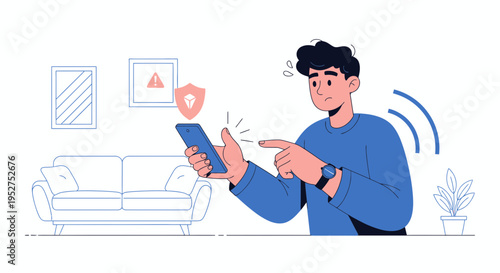 Man using smartphone with security alert, home security, digital protection concept