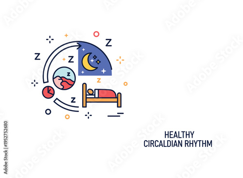 Healthy circadian rhythm concept centered on a circular day and night icon paired with a bed symbol, representing natural biological cycles and sleep hygiene.