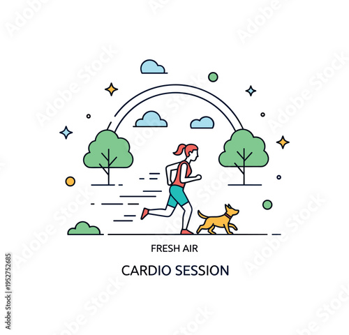Outdoor cardio session illustration featuring a runner and dog passing under a simple arch of trees. Subtle motion lines and a ?Fresh Air? text