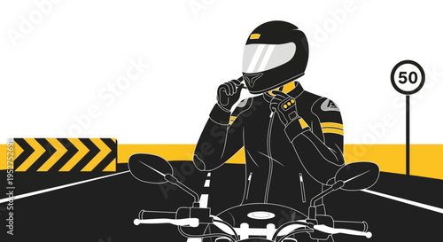 Motorcyclist wearing helmet and jacket on road with speed limit sign