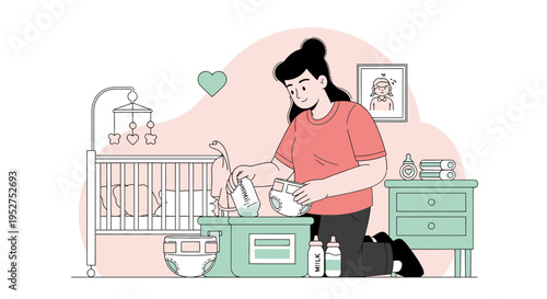 Mother changing baby diaper in nursery room, caring for newborn, parenting concept