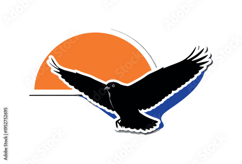 A monochrome silhouette of a bird taking off, wings spread wide, oversized abstract semicircle behind symbolizing rising sun, flat contrasting accents in