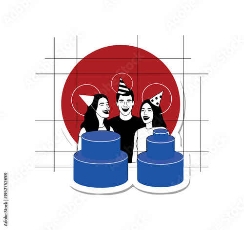 Black and white friends wearing simple party hats and laughing, bold deep red circular halo behind their heads, cobalt blue cylindrical forms stacked