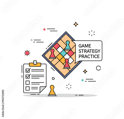 Board game strategy practice illustrated by a simplified game board with small tokens and a subtle checklist icon nearby, symbolizing learning rules and