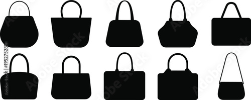 Collection of stylish handbag silhouettes, black purse icons, fashion tote shapes, minimal vector bag set, modern accessory design isolated illustration