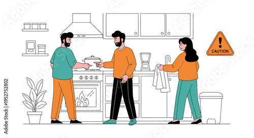 People in kitchen, cooking, fire hazard, danger, warning sign