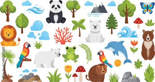 Cute Wildlife Animals and Nature Elements Collection Including Lion Panda Bear Dolphin Frog Parrot and Trees in Cartoon Vector Illustration Style.