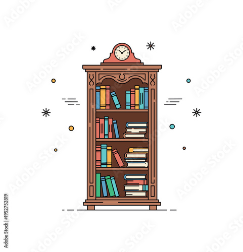Antique wooden bookcase interior scene illustrated by a tall carved shelf with stacked hardcover books and a small clock on top, conveying heritage charm and