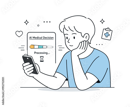 Waiting for AI medical decision. A person holding a phone with a health app open, progress indicators moving slowly. Pause, anticipation, and emotional tension