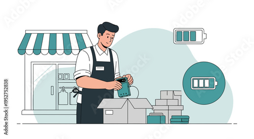Retail worker packing electronic batteries in a store, charging concept