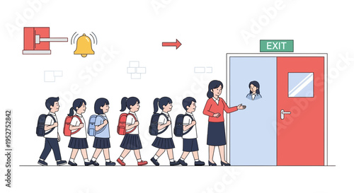 School evacuation drill: students orderly exit classroom during alarm, teacher guides them