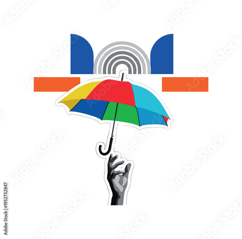 black and white hand releasing multicolored umbrella into air, abstract geometric arches above suggesting sky, vivid blue and orange shapes balancing